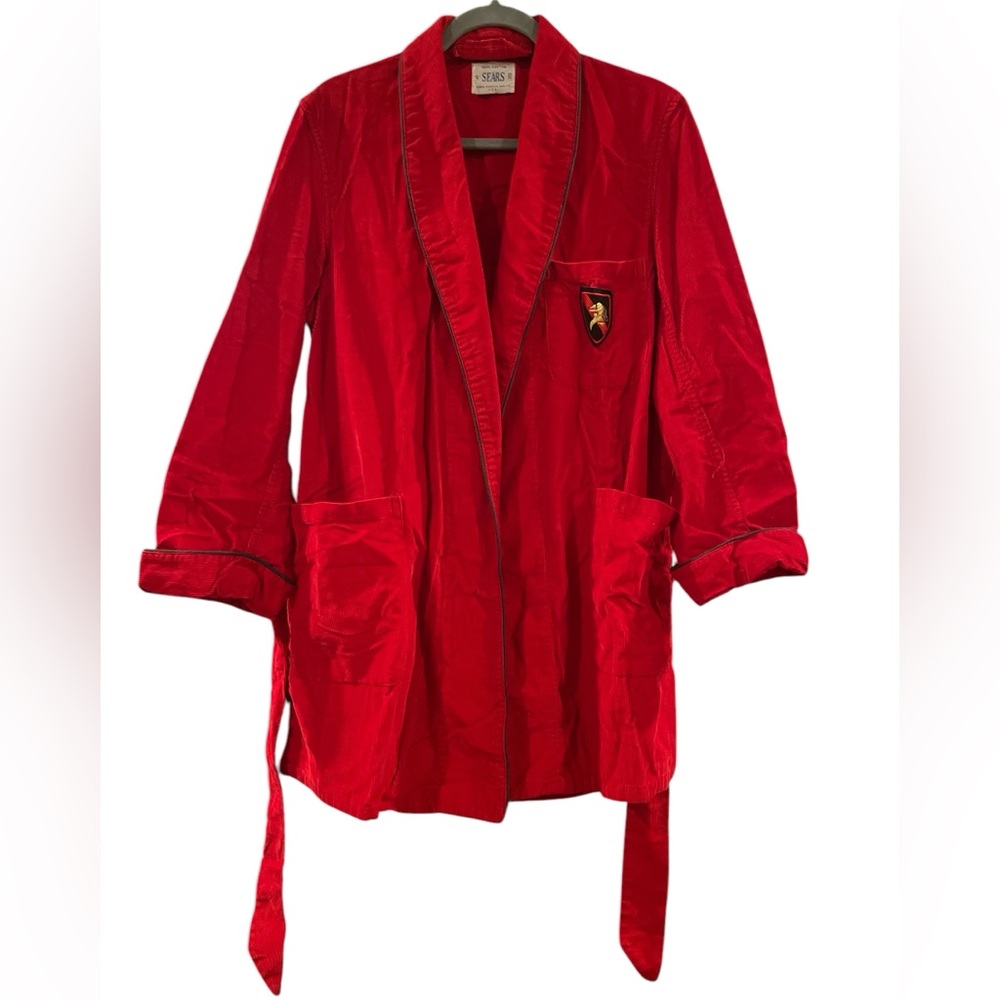 Sears Red Corduroy Vtg 1950’s! Robe/smoking jacket Snap-In Belt Shawl Collar Sm